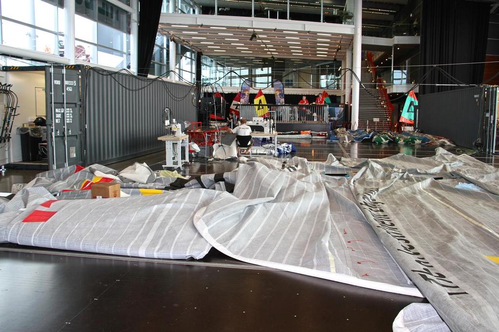 Sail repair - Volvo Ocean Race Support Teams - March 3, 2015 © Richard Gladwell www.photosport.co.nz